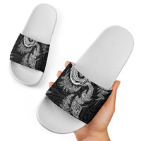 New Zealand Sea Animals with Maori Tribal Tattoo Slide Sandals Shark Manta Ray with Silver Fern Black LT03 - Polynesian Pride