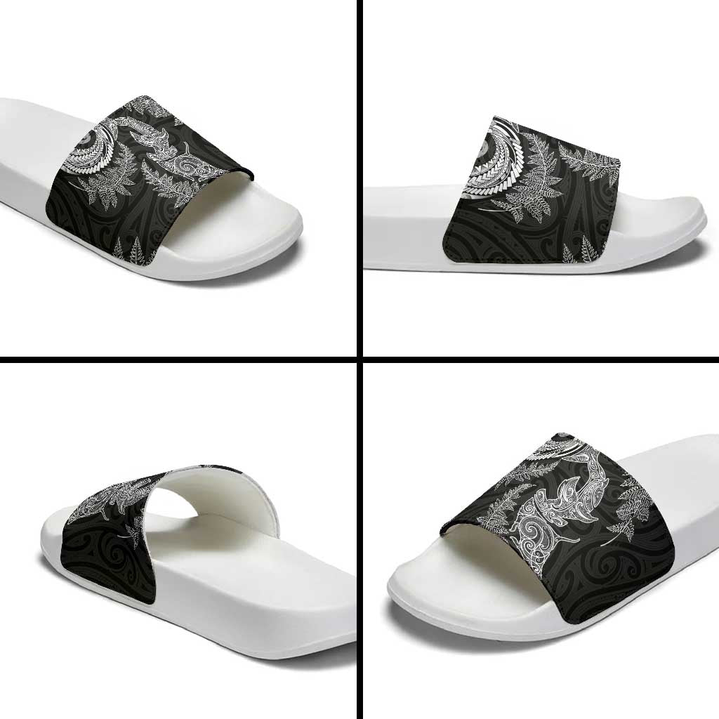 New Zealand Sea Animals with Maori Tribal Tattoo Slide Sandals Shark Manta Ray with Silver Fern Black LT03 - Polynesian Pride