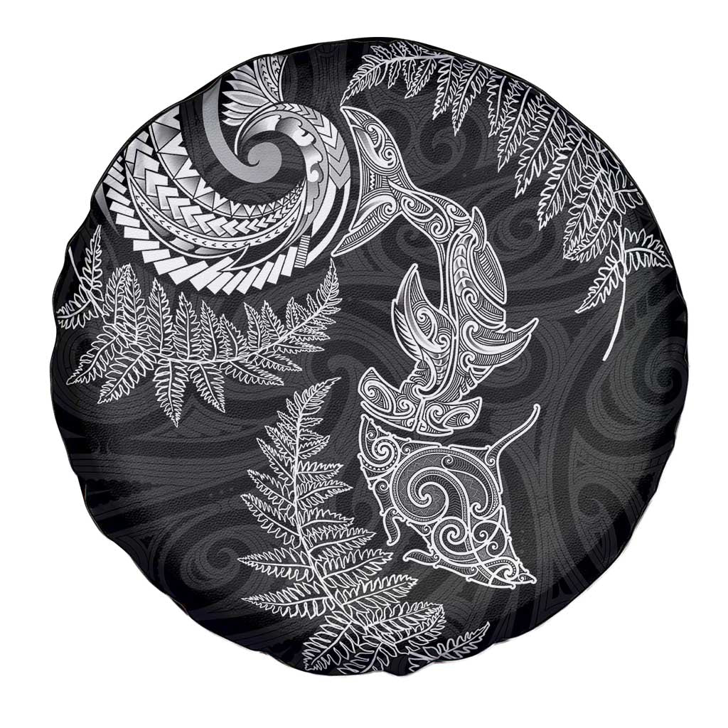 New Zealand Sea Animals with Maori Tribal Tattoo Spare Tire Cover Shark Manta Ray with Silver Fern Black LT03 - Polynesian Pride