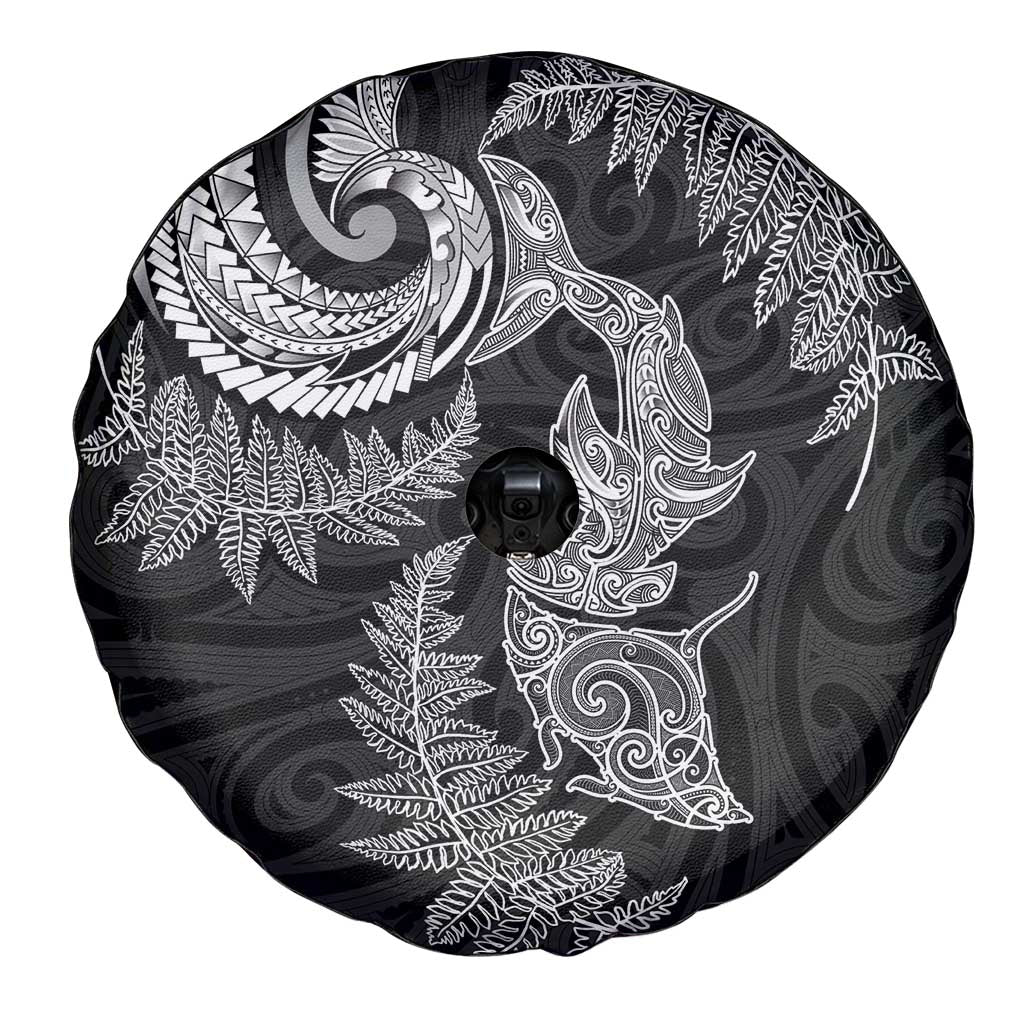 New Zealand Sea Animals with Maori Tribal Tattoo Spare Tire Cover Shark Manta Ray with Silver Fern Black LT03 - Polynesian Pride