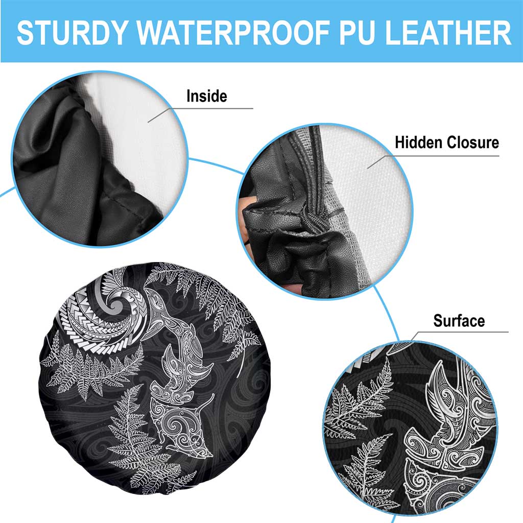 New Zealand Sea Animals with Maori Tribal Tattoo Spare Tire Cover Shark Manta Ray with Silver Fern Black LT03 - Polynesian Pride
