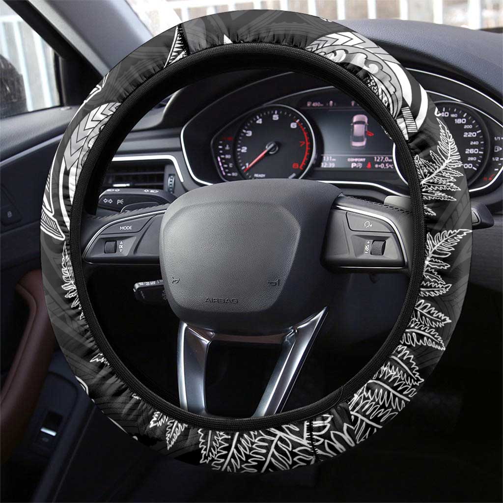 New Zealand Sea Animals with Maori Tribal Tattoo Steering Wheel Cover Shark Manta Ray with Silver Fern Black LT03 - Polynesian Pride