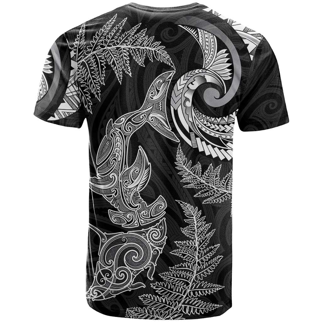 New Zealand Sea Animals with Maori Tribal Tattoo T Shirt Shark Manta Ray with Silver Fern Black LT03 - Polynesian Pride
