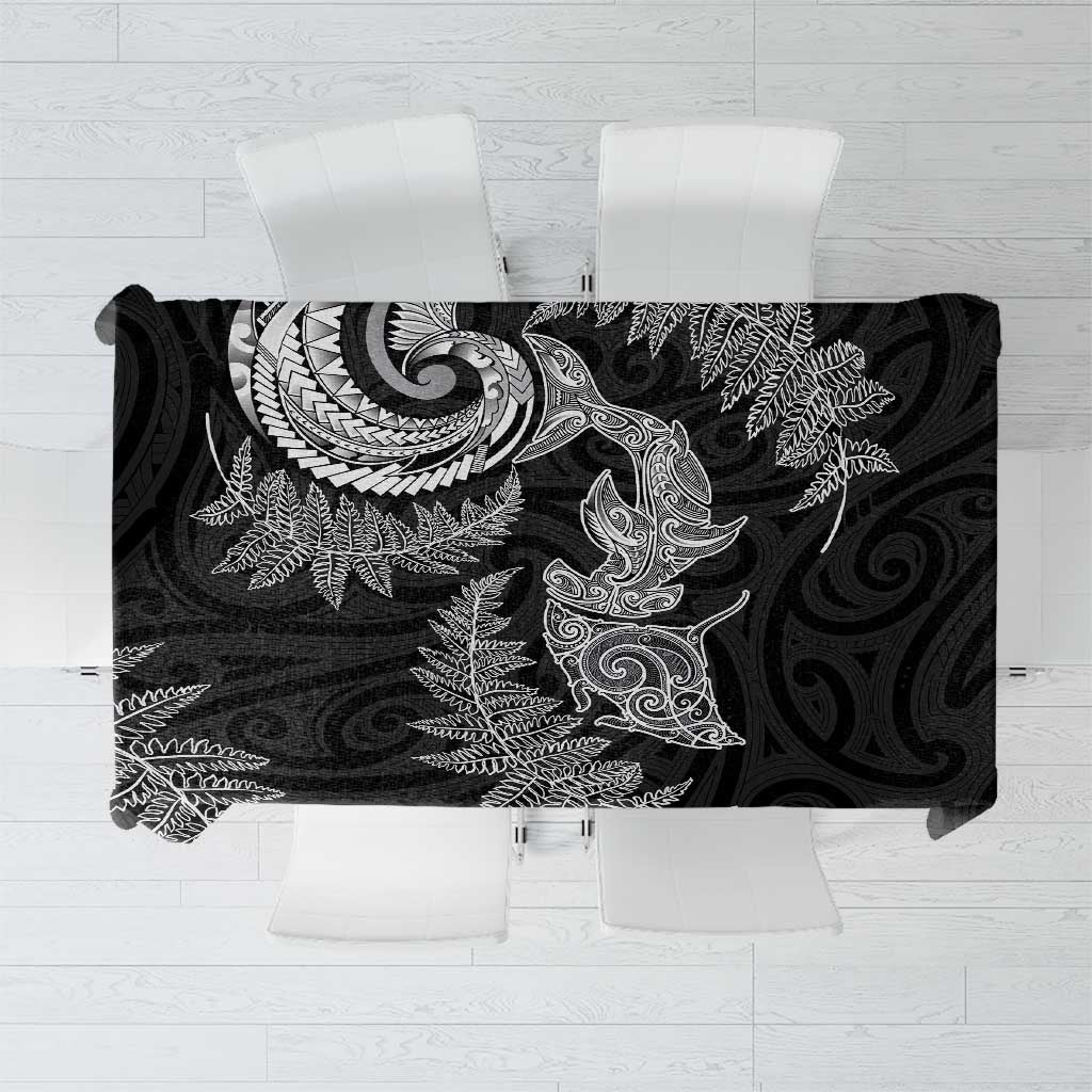 New Zealand Sea Animals with Maori Tribal Tattoo Tablecloth Shark Manta Ray with Silver Fern Black LT03 Black - Polynesian Pride