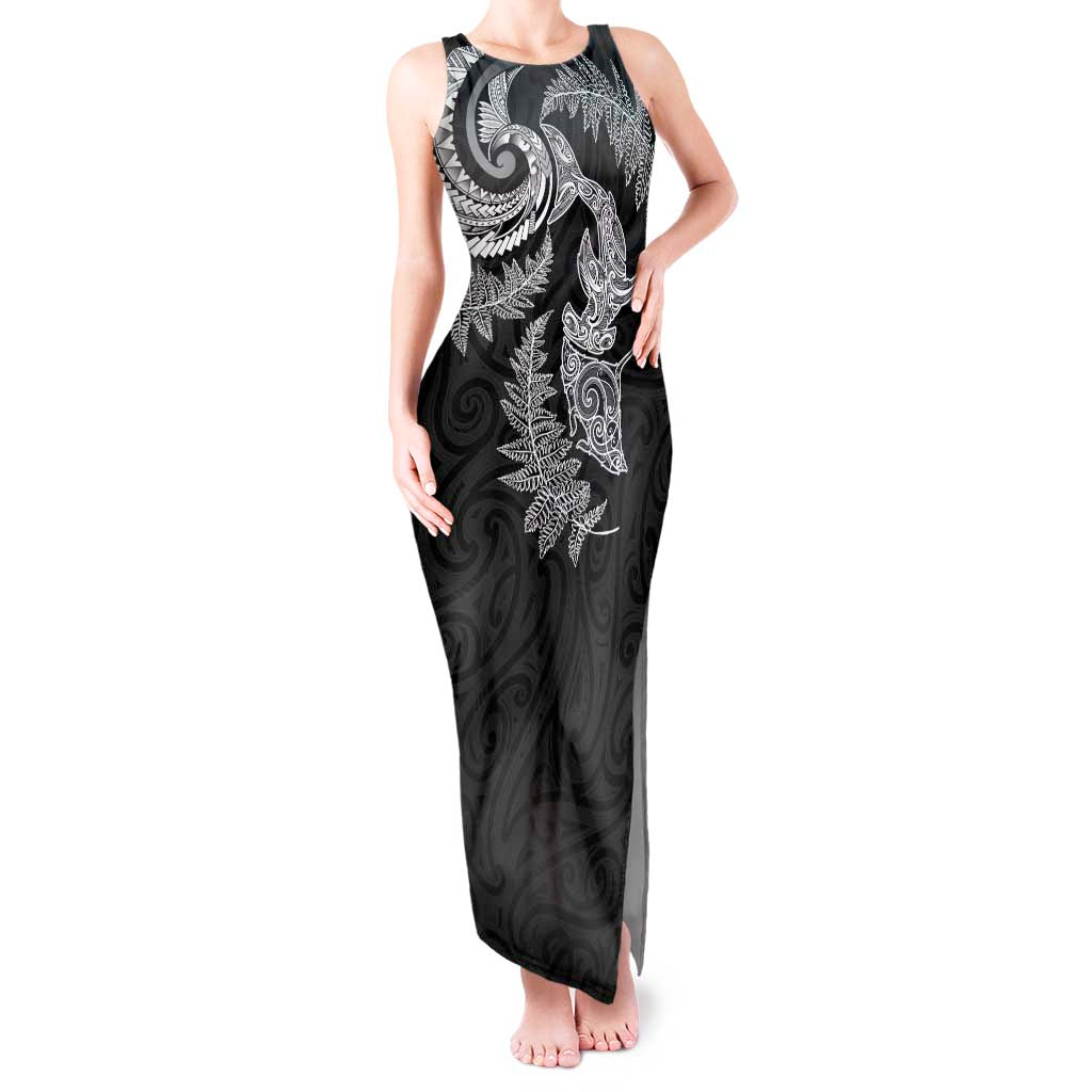 New Zealand Sea Animals with Maori Tribal Tattoo Tank Maxi Dress Shark Manta Ray with Silver Fern Black LT03 Women Black - Polynesian Pride