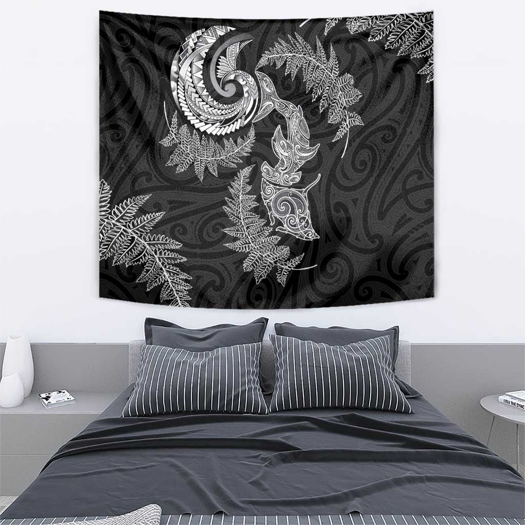 New Zealand Sea Animals with Maori Tribal Tattoo Tapestry Shark Manta Ray with Silver Fern Black LT03 - Polynesian Pride