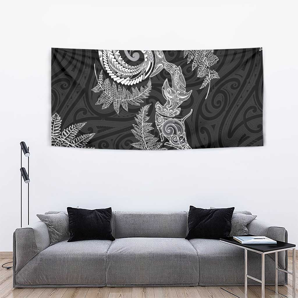 New Zealand Sea Animals with Maori Tribal Tattoo Tapestry Shark Manta Ray with Silver Fern Black LT03 - Polynesian Pride