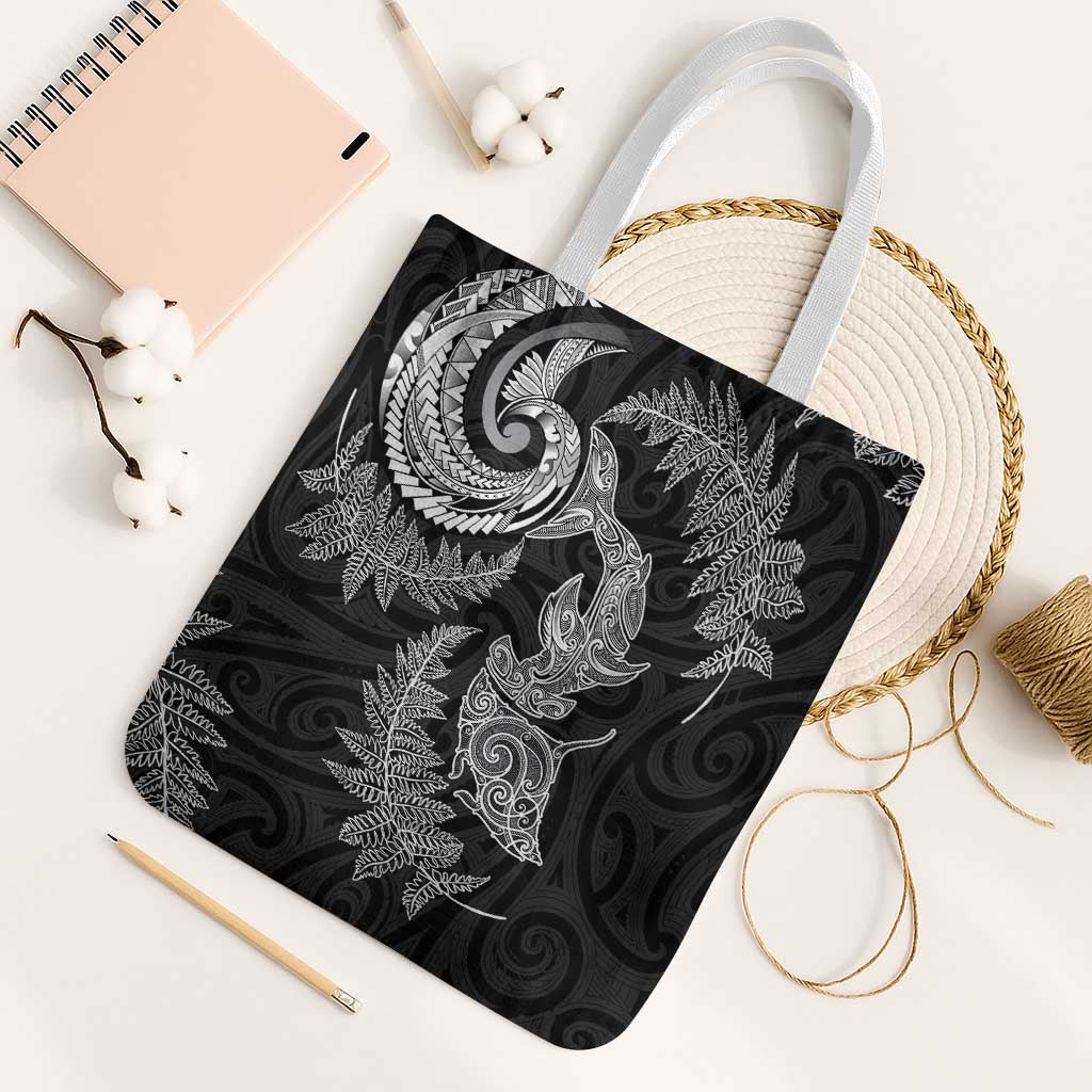 New Zealand Sea Animals with Maori Tribal Tattoo Tote Bag Shark Manta Ray with Silver Fern Black LT03 White Strap One Size Black - Polynesian Pride