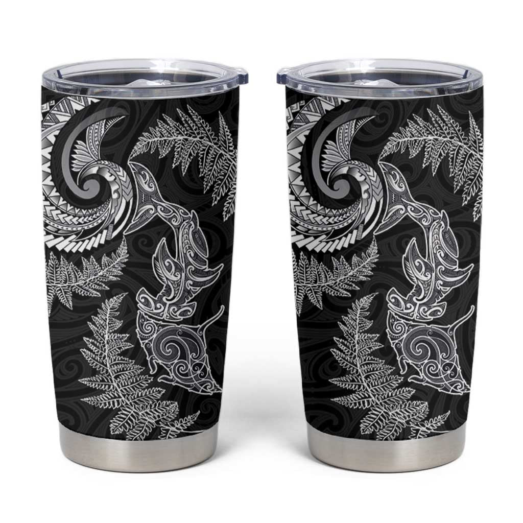 New Zealand Sea Animals with Maori Tribal Tattoo Tumbler Cup Shark Manta Ray with Silver Fern Black LT03 Black - Polynesian Pride