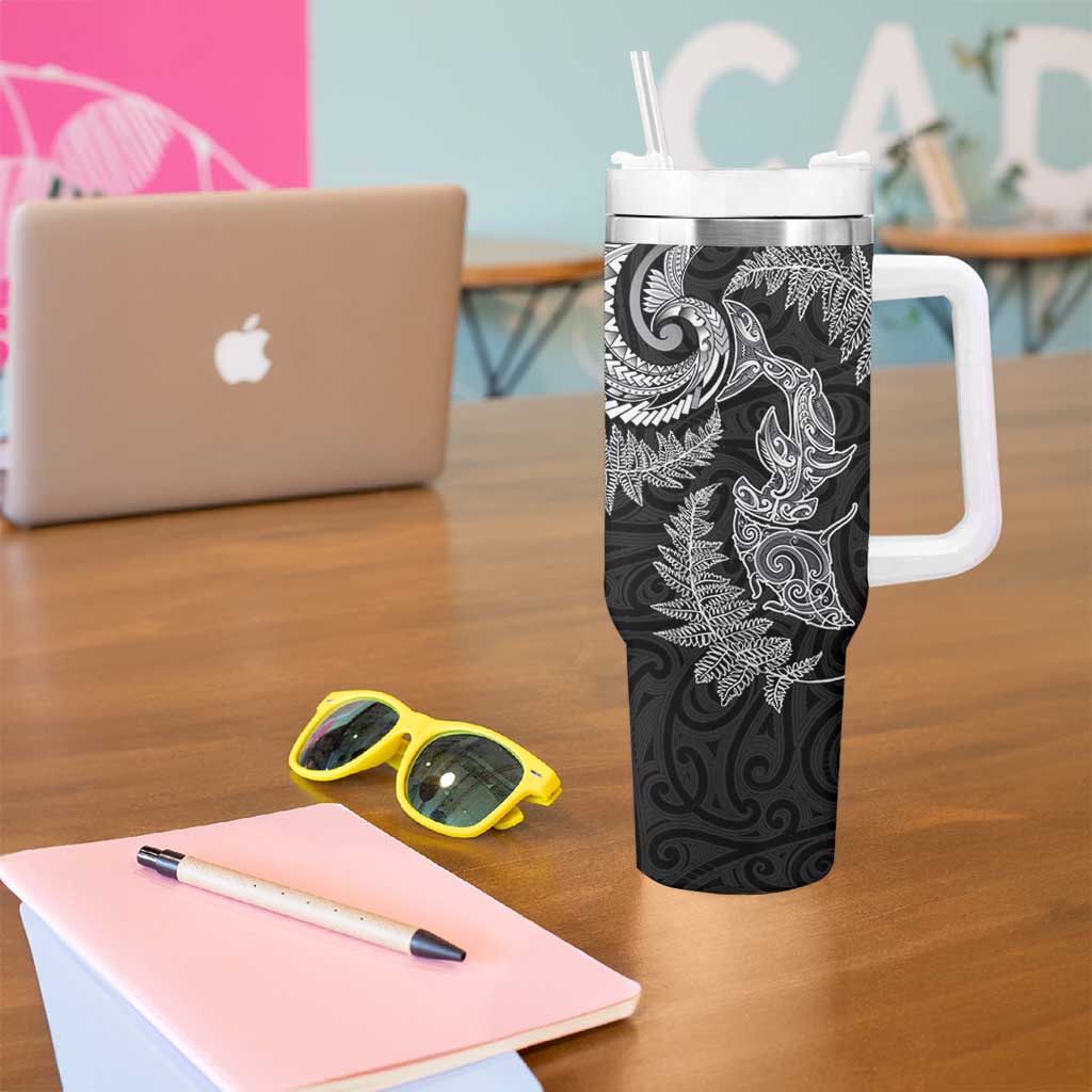 New Zealand Sea Animals with Maori Tribal Tattoo Tumbler With Handle Shark Manta Ray with Silver Fern Black LT03 - Polynesian Pride