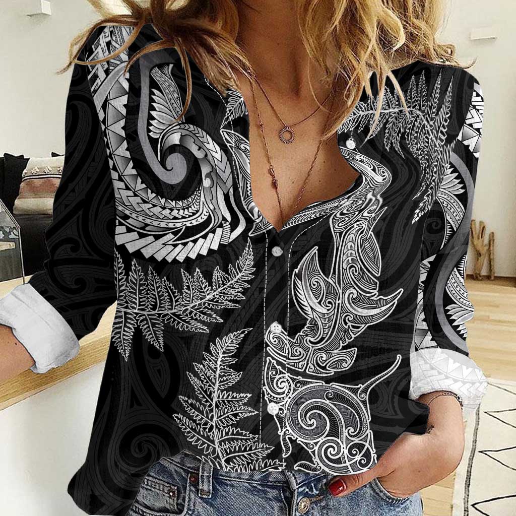 New Zealand Sea Animals with Maori Tribal Tattoo Women Casual Shirt Shark Manta Ray with Silver Fern Black LT03 Female Black - Polynesian Pride