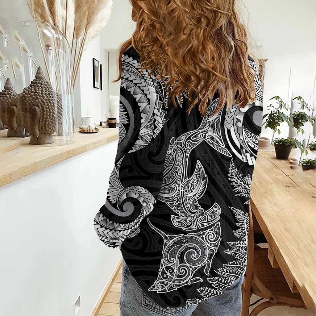 New Zealand Sea Animals with Maori Tribal Tattoo Women Casual Shirt Shark Manta Ray with Silver Fern Black LT03 - Polynesian Pride