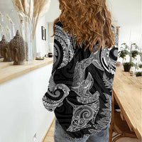New Zealand Sea Animals with Maori Tribal Tattoo Women Casual Shirt Shark Manta Ray with Silver Fern Black LT03 - Polynesian Pride