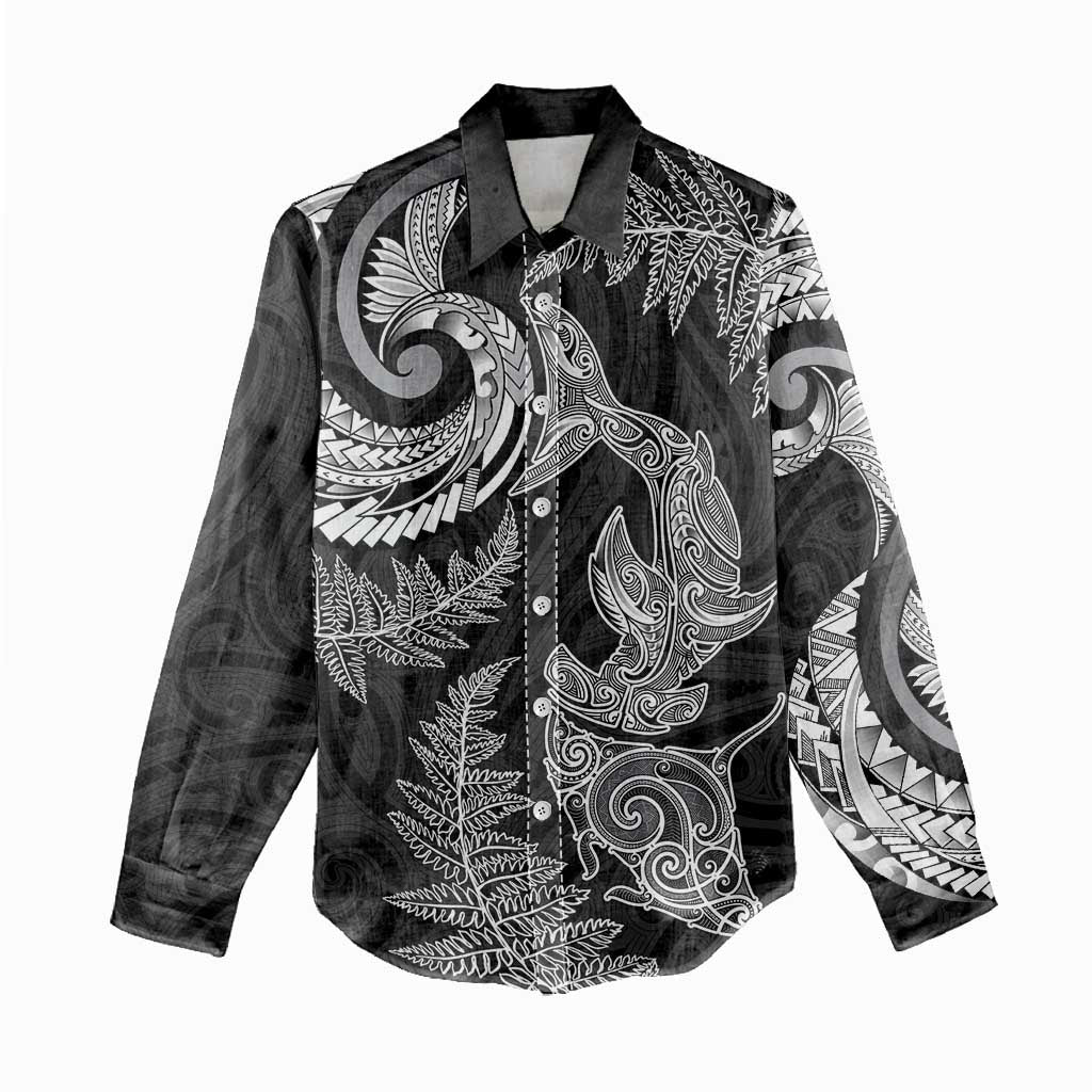 New Zealand Sea Animals with Maori Tribal Tattoo Women Casual Shirt Shark Manta Ray with Silver Fern Black LT03 - Polynesian Pride