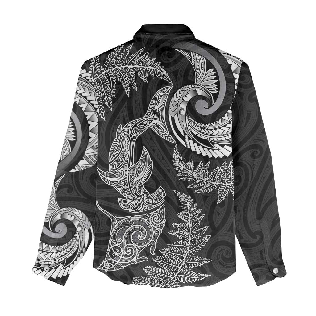 New Zealand Sea Animals with Maori Tribal Tattoo Women Casual Shirt Shark Manta Ray with Silver Fern Black LT03 - Polynesian Pride
