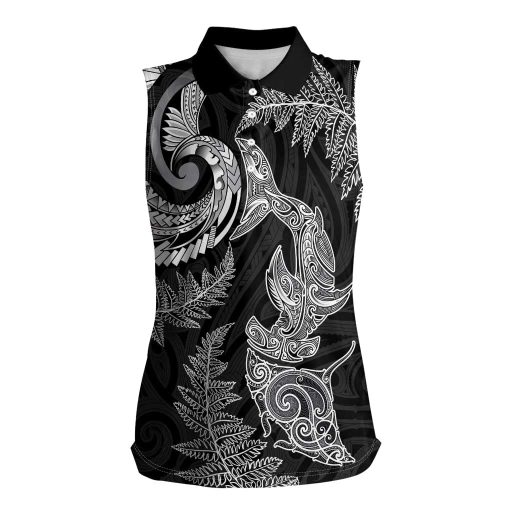 New Zealand Sea Animals with Maori Tribal Tattoo Women Sleeveless Polo Shirt Shark Manta Ray with Silver Fern Black LT03 Female Black - Polynesian Pride