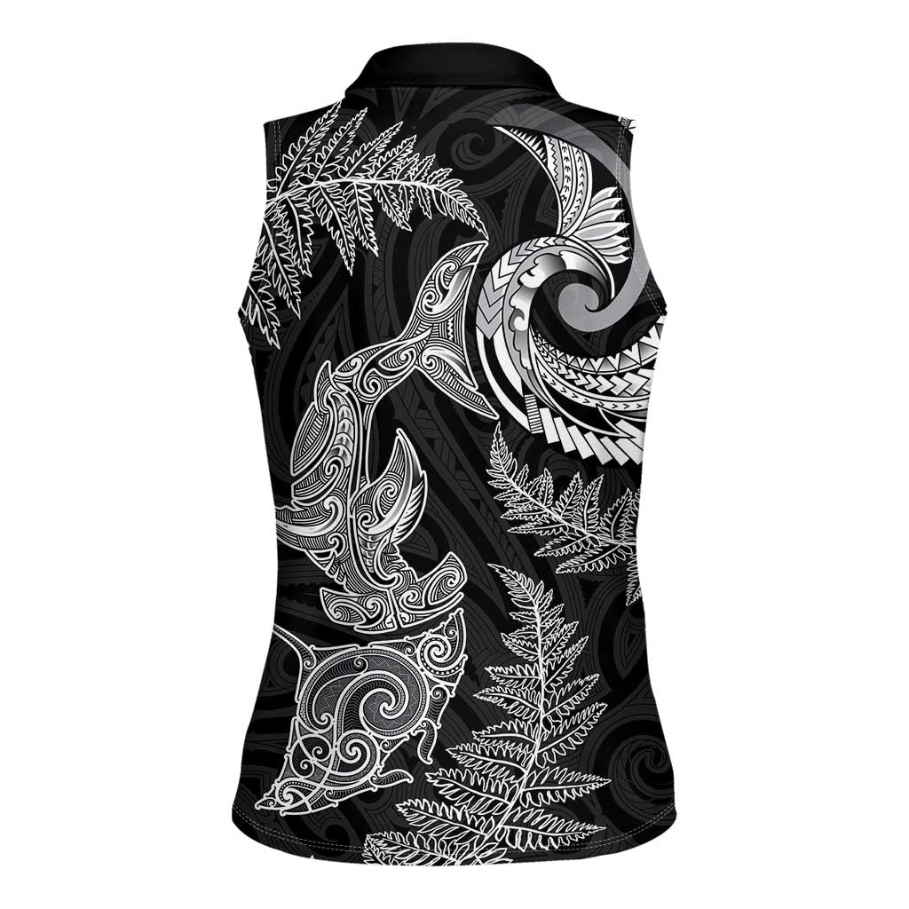 New Zealand Sea Animals with Maori Tribal Tattoo Women Sleeveless Polo Shirt Shark Manta Ray with Silver Fern Black LT03 - Polynesian Pride