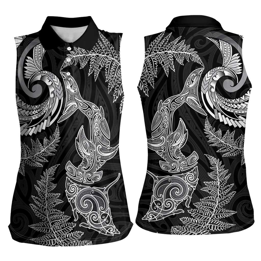 New Zealand Sea Animals with Maori Tribal Tattoo Women Sleeveless Polo Shirt Shark Manta Ray with Silver Fern Black LT03 - Polynesian Pride