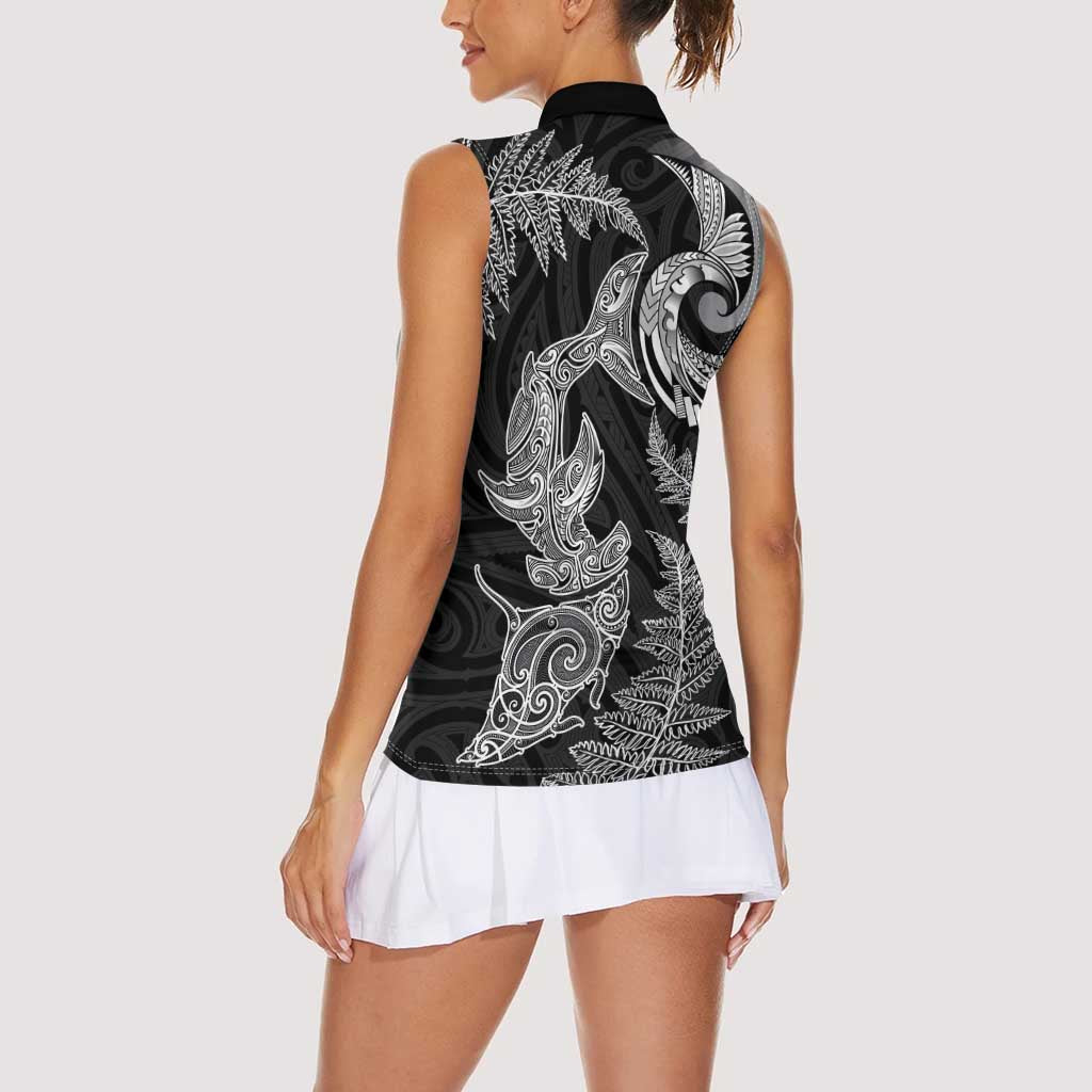 New Zealand Sea Animals with Maori Tribal Tattoo Women Sleeveless Polo Shirt Shark Manta Ray with Silver Fern Black LT03 - Polynesian Pride