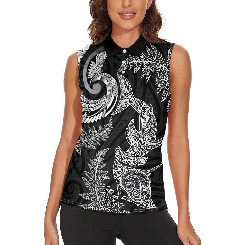 New Zealand Sea Animals with Maori Tribal Tattoo Women Sleeveless Polo Shirt Shark Manta Ray with Silver Fern Black LT03 - Polynesian Pride