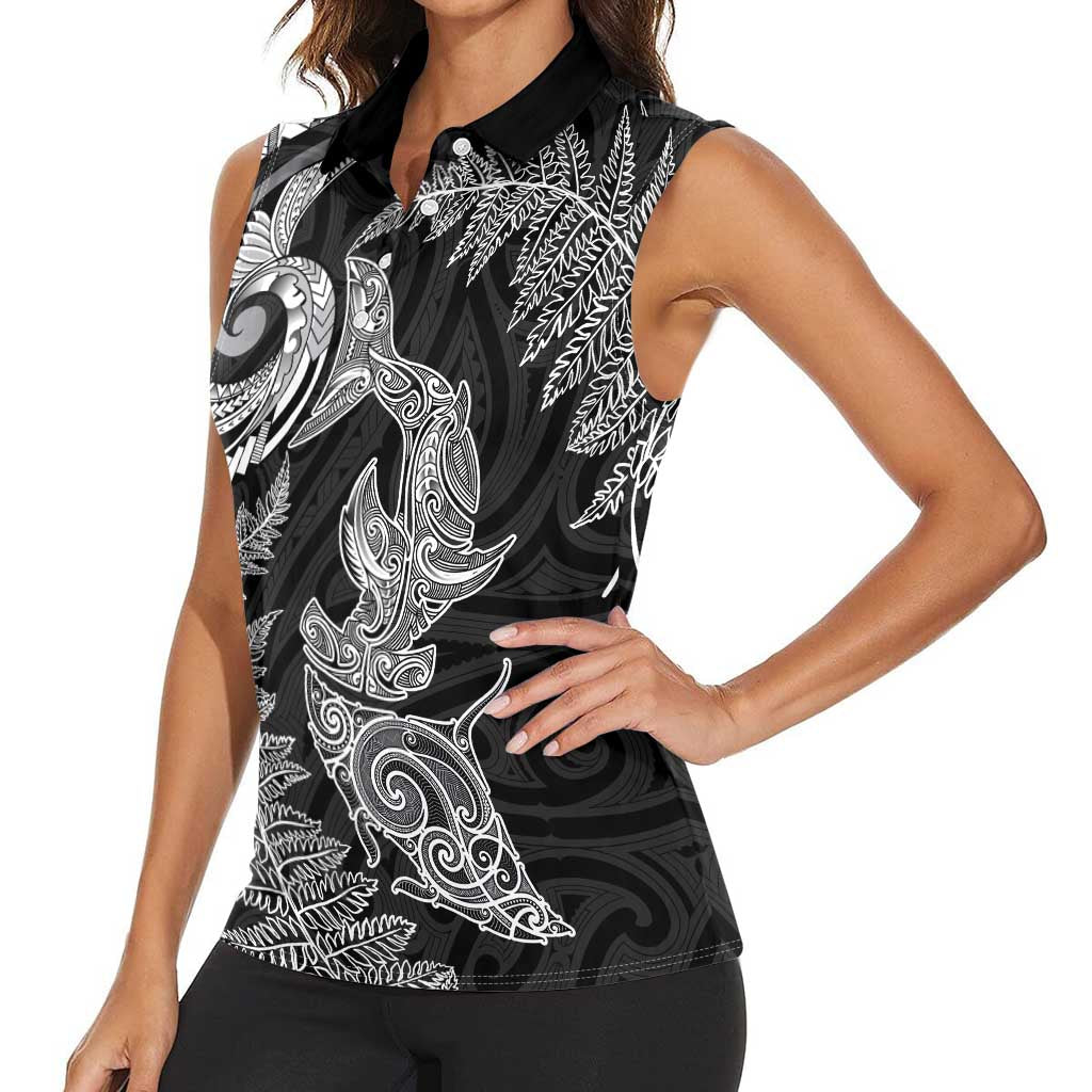 New Zealand Sea Animals with Maori Tribal Tattoo Women Sleeveless Polo Shirt Shark Manta Ray with Silver Fern Black LT03 - Polynesian Pride