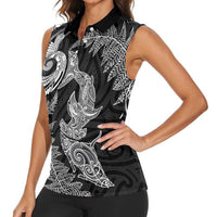 New Zealand Sea Animals with Maori Tribal Tattoo Women Sleeveless Polo Shirt Shark Manta Ray with Silver Fern Black LT03 - Polynesian Pride