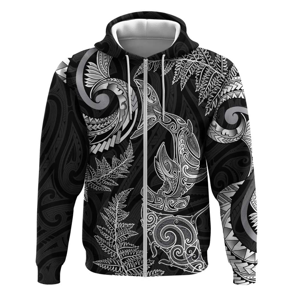 New Zealand Sea Animals with Maori Tribal Tattoo Zip Hoodie Shark Manta Ray with Silver Fern Black LT03 Zip Hoodie Black - Polynesian Pride