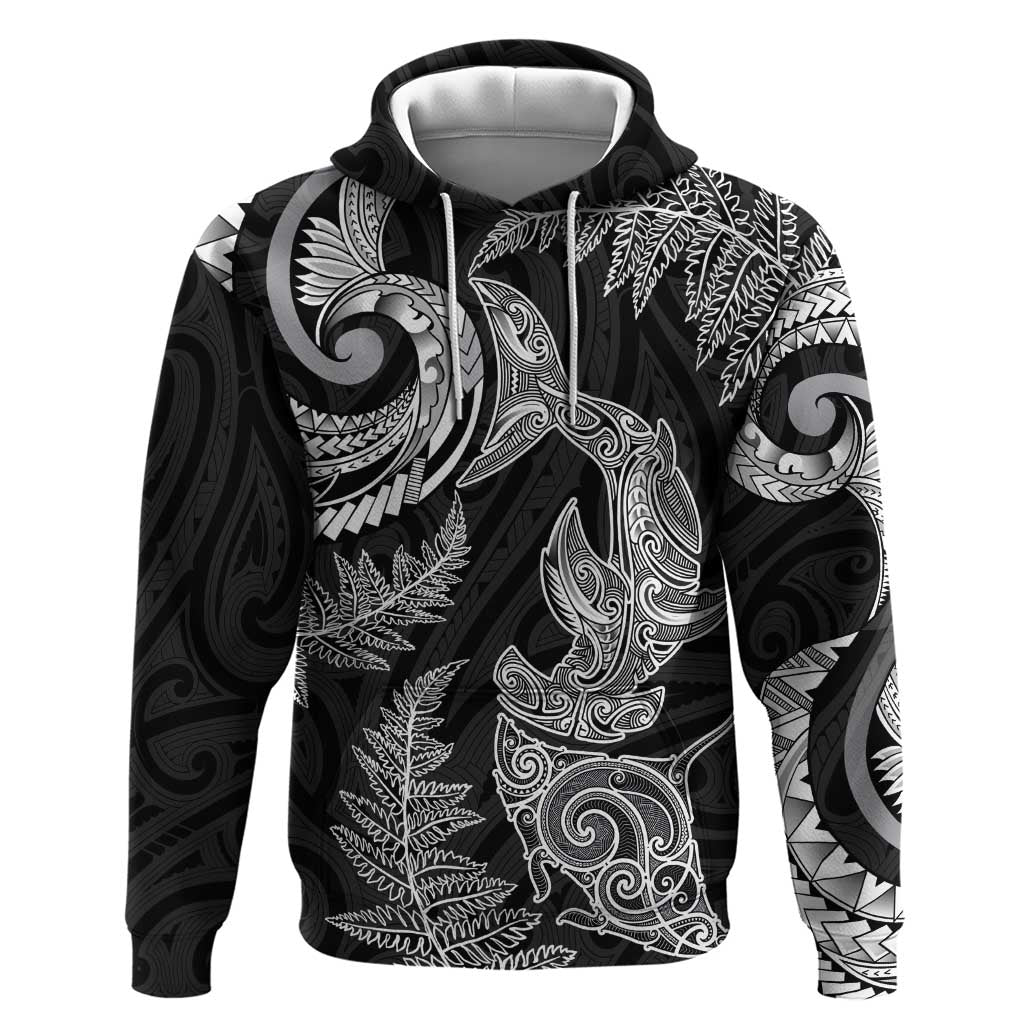New Zealand Sea Animals with Maori Tribal Tattoo Zip Hoodie Shark Manta Ray with Silver Fern Black LT03 Pullover Hoodie Black - Polynesian Pride