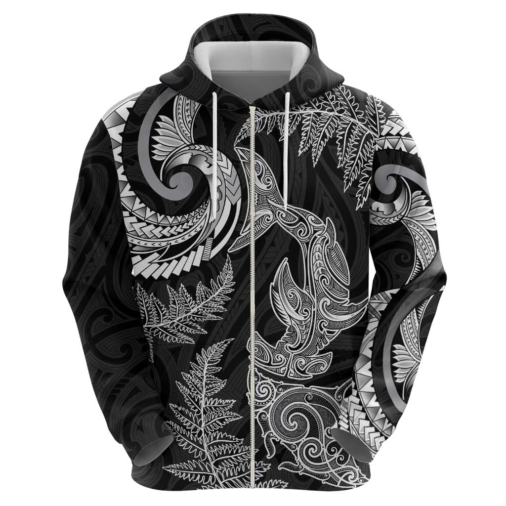 New Zealand Sea Animals with Maori Tribal Tattoo Zip Hoodie Shark Manta Ray with Silver Fern Black LT03 - Polynesian Pride