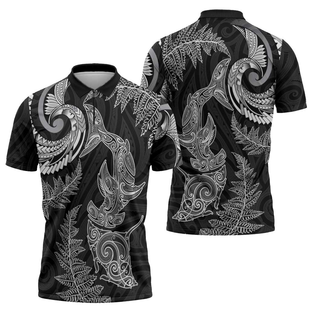 New Zealand Sea Animals with Maori Tribal Tattoo Zipper Polo Shirt Shark Manta Ray with Silver Fern Black LT03 - Polynesian Pride
