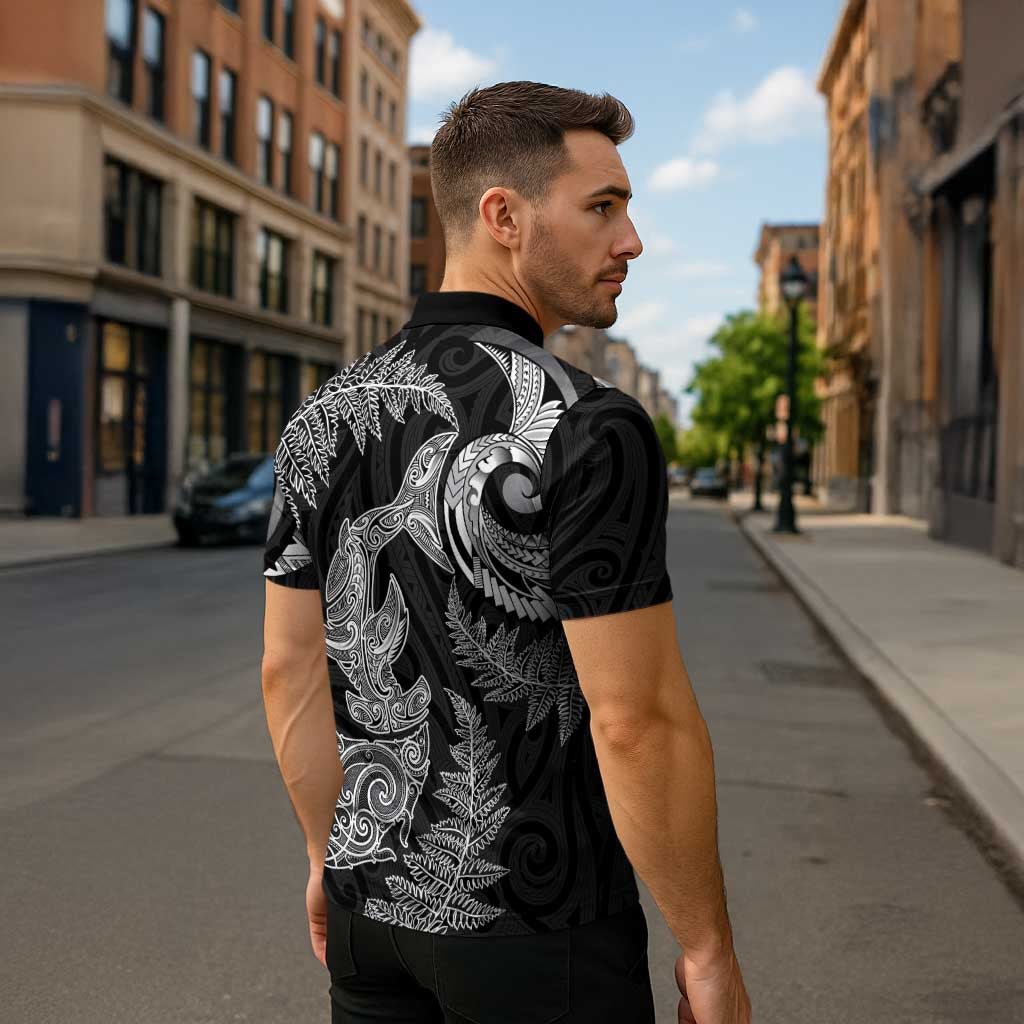 New Zealand Sea Animals with Maori Tribal Tattoo Zipper Polo Shirt Shark Manta Ray with Silver Fern Black LT03 - Polynesian Pride