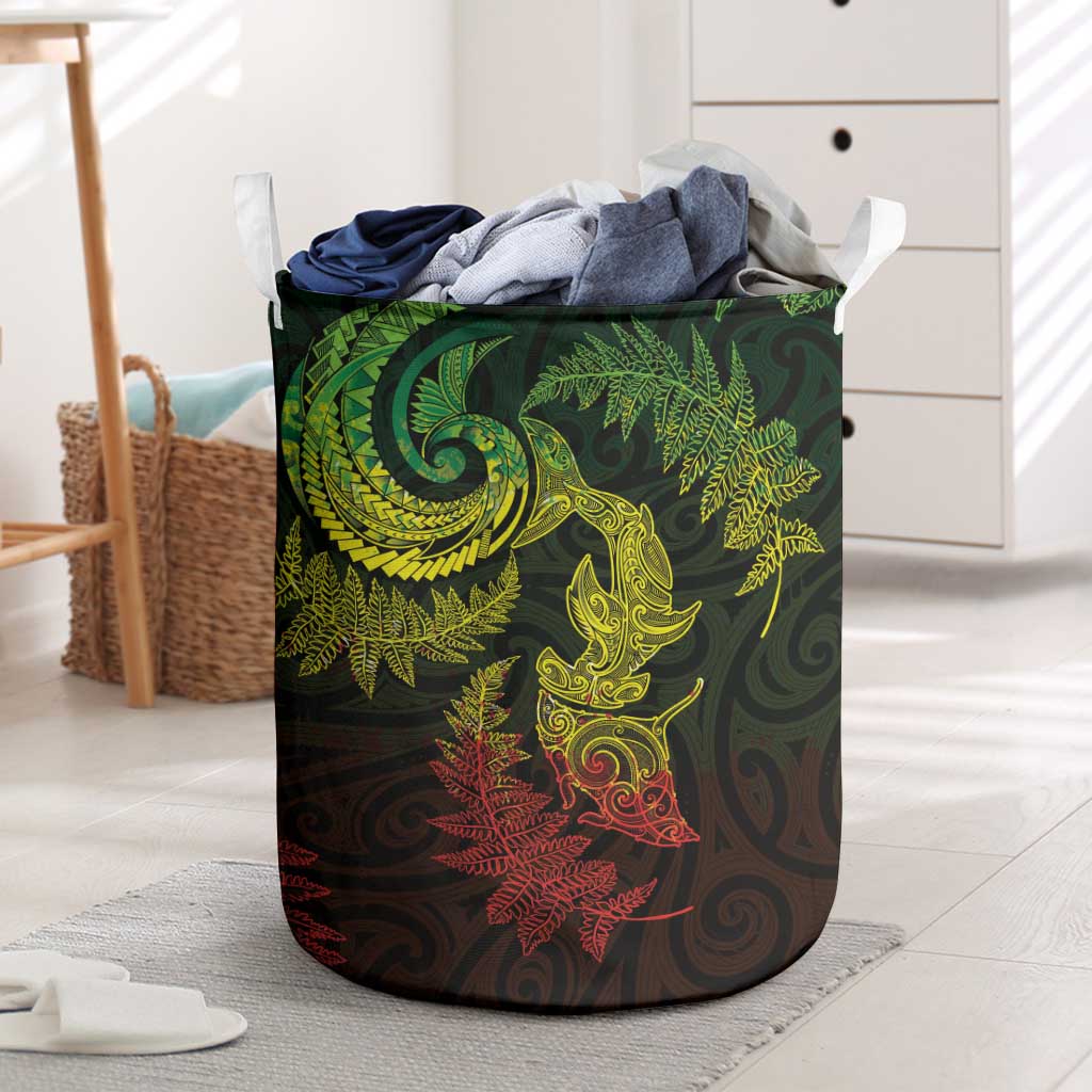 New Zealand Sea Animals with Maori Tribal Tattoo Laundry Basket Shark Manta Ray with Silver Fern Reggae LT03 Reggae - Polynesian Pride