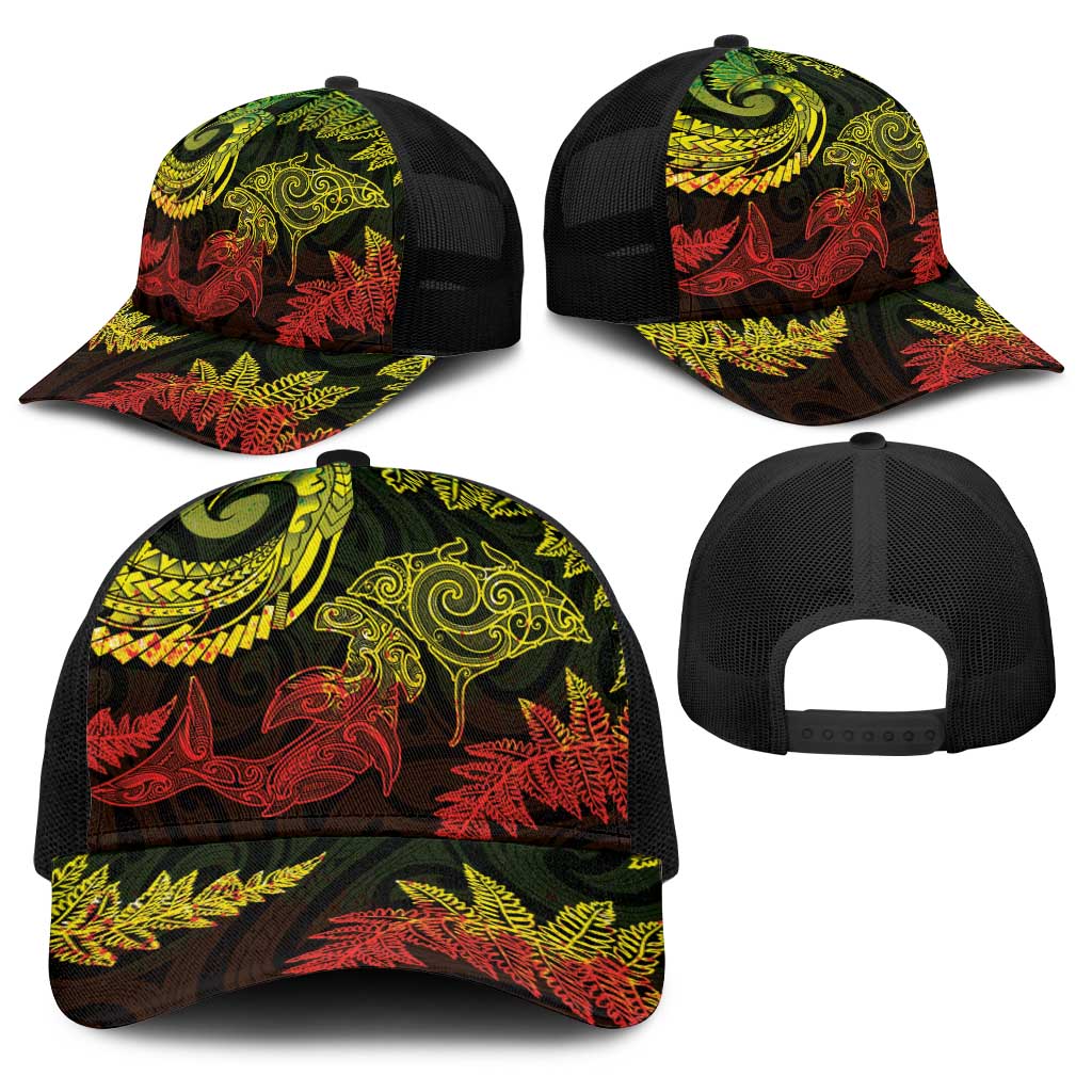 New Zealand Sea Animals with Maori Tribal Tattoo Baseball Net Cap Shark Manta Ray with Silver Fern Reggae LT03 - Polynesian Pride