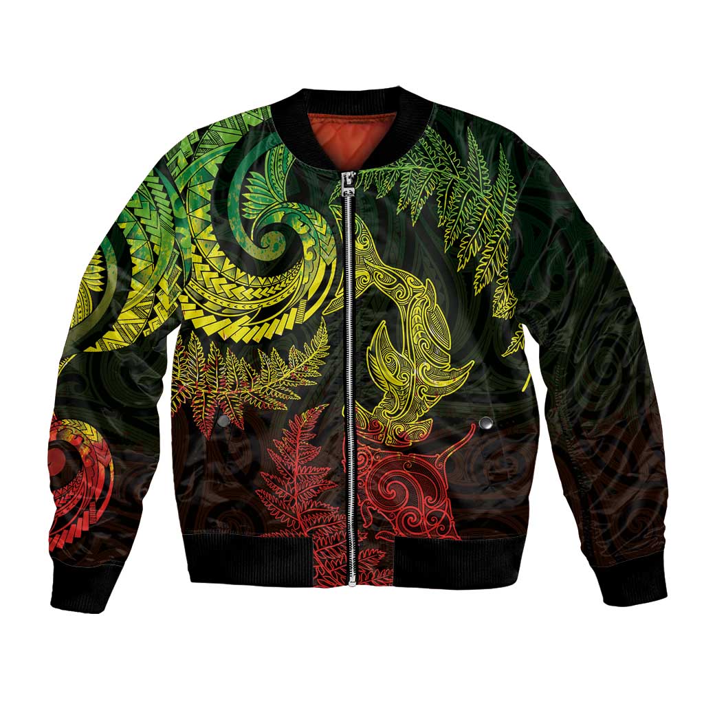 New Zealand Sea Animals with Maori Tribal Tattoo Bomber Jacket Shark Manta Ray with Silver Fern Reggae