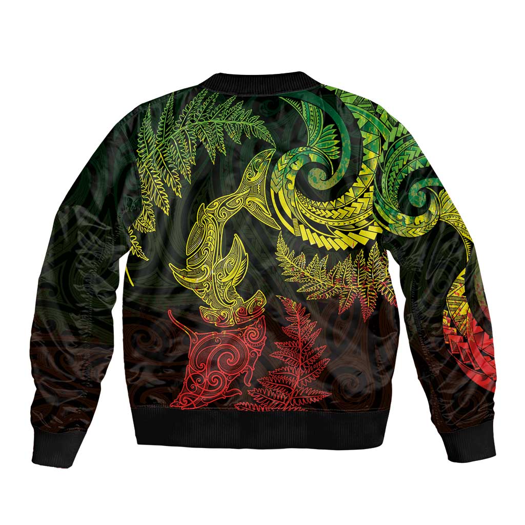 New Zealand Sea Animals with Maori Tribal Tattoo Bomber Jacket Shark Manta Ray with Silver Fern Reggae LT03 - Polynesian Pride