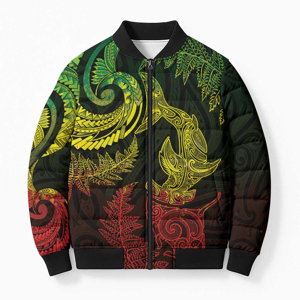 New Zealand Sea Animals with Maori Tribal Tattoo Bomber Puffer Jacket Shark Manta Ray with Silver Fern Reggae LT03 Unisex Reggae - Polynesian Pride