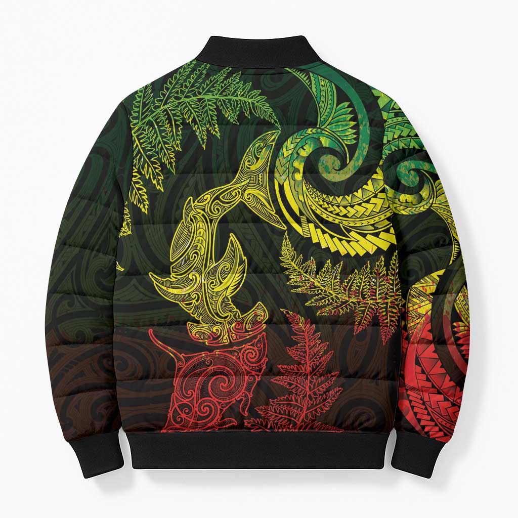 New Zealand Sea Animals with Maori Tribal Tattoo Bomber Puffer Jacket Shark Manta Ray with Silver Fern Reggae LT03 - Polynesian Pride