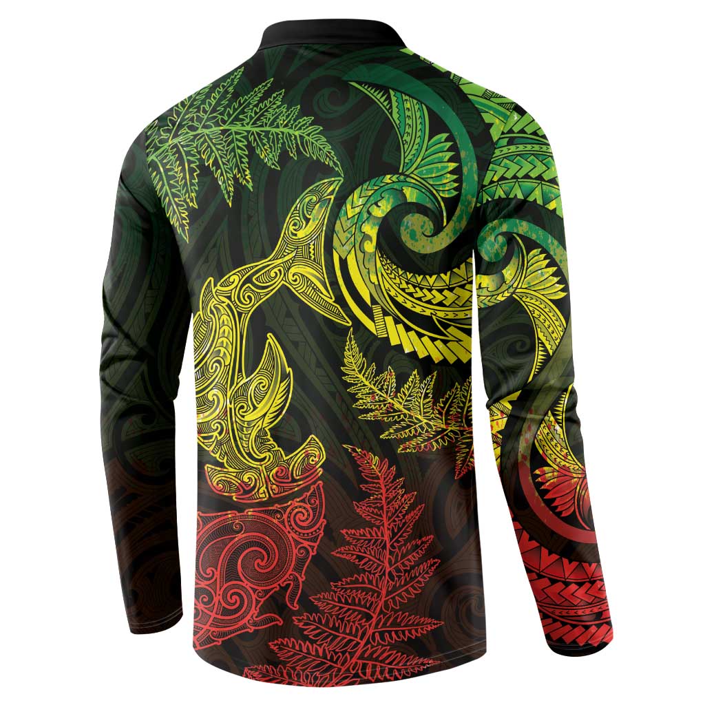 New Zealand Sea Animals with Maori Tribal Tattoo Button Sweatshirt Shark Manta Ray with Silver Fern Reggae LT03 - Polynesian Pride