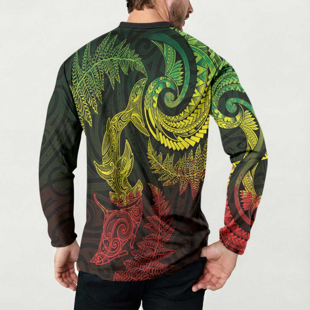New Zealand Sea Animals with Maori Tribal Tattoo Button Sweatshirt Shark Manta Ray with Silver Fern Reggae LT03 - Polynesian Pride