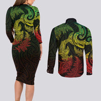 New Zealand Sea Animals with Maori Tribal Tattoo Couples Matching Long Sleeve Bodycon Dress and Long Sleeve Button Shirt Shark Manta Ray with Silver Fern Reggae LT03 - Polynesian Pride