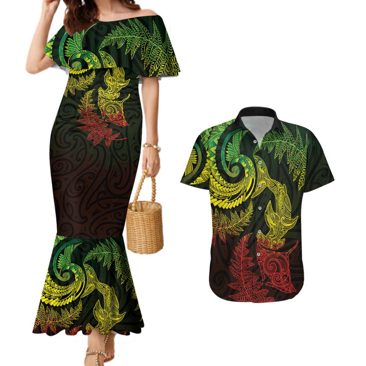 New Zealand Sea Animals with Maori Tribal Tattoo Couples Matching Mermaid Dress and Hawaiian Shirt Shark Manta Ray with Silver Fern Reggae LT03 Reggae - Polynesian Pride