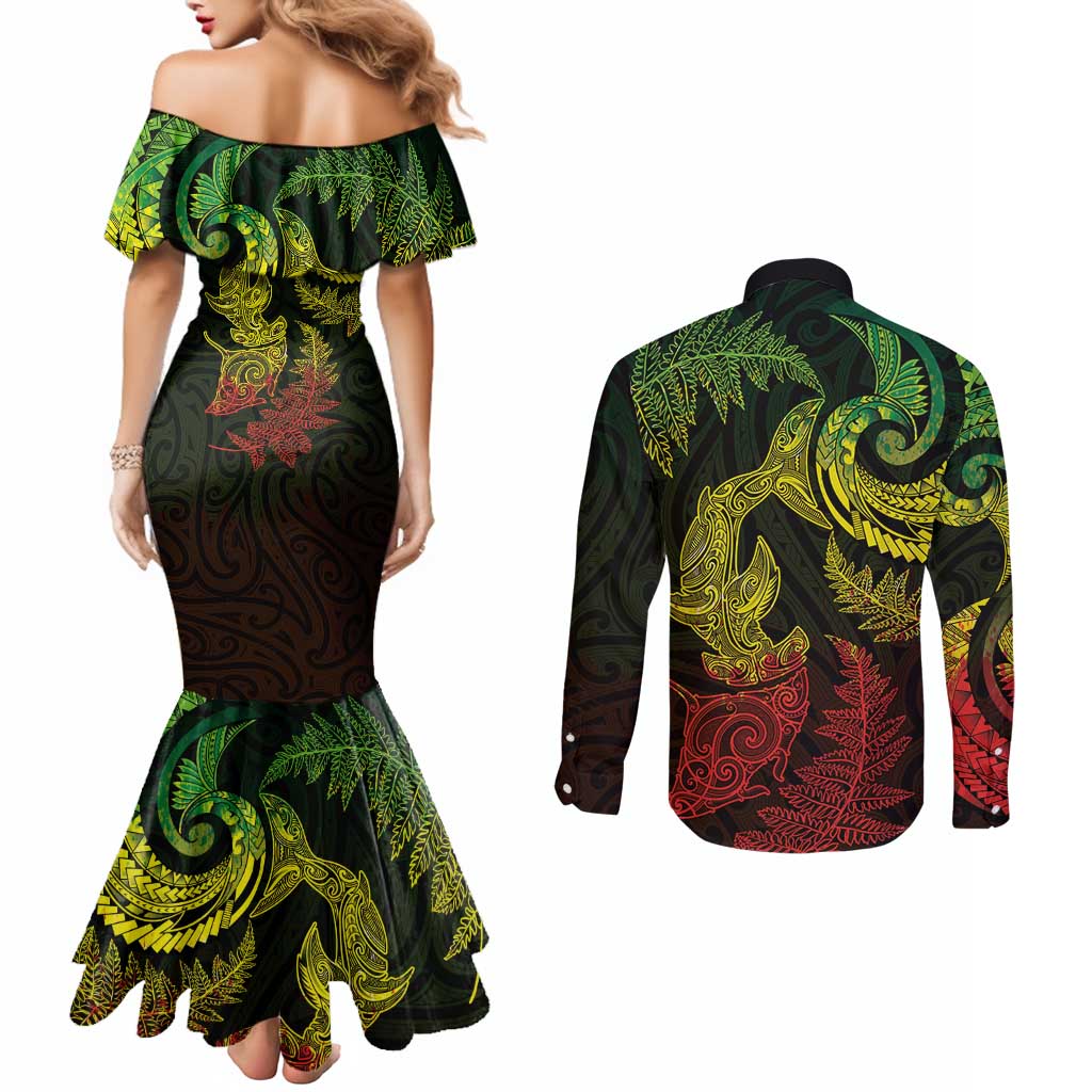 New Zealand Sea Animals with Maori Tribal Tattoo Couples Matching Mermaid Dress and Long Sleeve Button Shirt Shark Manta Ray with Silver Fern Reggae LT03 - Polynesian Pride