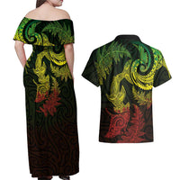 New Zealand Sea Animals with Maori Tribal Tattoo Couples Matching Off Shoulder Maxi Dress and Hawaiian Shirt Shark Manta Ray with Silver Fern Reggae LT03 - Polynesian Pride