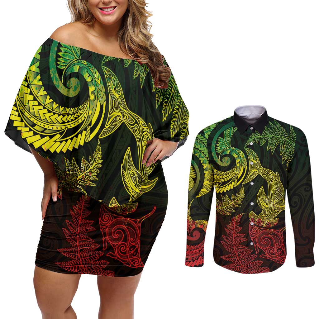 New Zealand Sea Animals with Maori Tribal Tattoo Couples Matching Off Shoulder Short Dress and Long Sleeve Button Shirt Shark Manta Ray with Silver Fern Reggae LT03 Reggae - Polynesian Pride