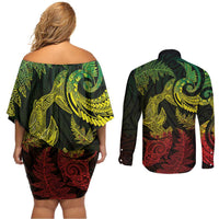 New Zealand Sea Animals with Maori Tribal Tattoo Couples Matching Off Shoulder Short Dress and Long Sleeve Button Shirt Shark Manta Ray with Silver Fern Reggae LT03 - Polynesian Pride