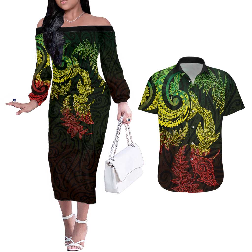 New Zealand Sea Animals with Maori Tribal Tattoo Couples Matching Off The Shoulder Long Sleeve Dress and Hawaiian Shirt Shark Manta Ray with Silver Fern Reggae LT03 Reggae - Polynesian Pride