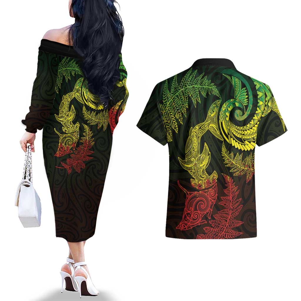 New Zealand Sea Animals with Maori Tribal Tattoo Couples Matching Off The Shoulder Long Sleeve Dress and Hawaiian Shirt Shark Manta Ray with Silver Fern Reggae LT03 - Polynesian Pride