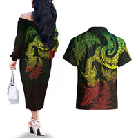 New Zealand Sea Animals with Maori Tribal Tattoo Couples Matching Off The Shoulder Long Sleeve Dress and Hawaiian Shirt Shark Manta Ray with Silver Fern Reggae LT03 - Polynesian Pride