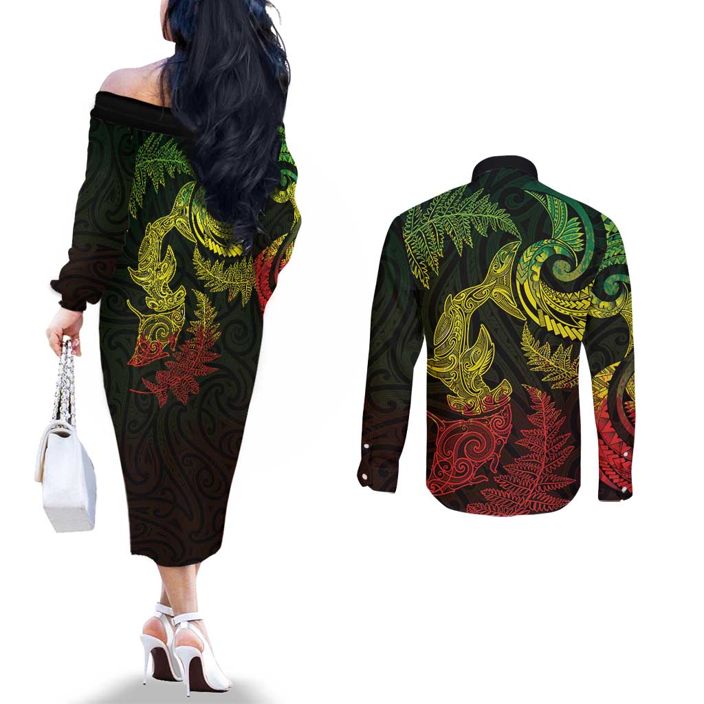 New Zealand Sea Animals with Maori Tribal Tattoo Couples Matching Off The Shoulder Long Sleeve Dress and Long Sleeve Button Shirt Shark Manta Ray with Silver Fern Reggae LT03 - Polynesian Pride