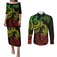 New Zealand Sea Animals with Maori Tribal Tattoo Couples Matching Puletasi and Long Sleeve Button Shirt Shark Manta Ray with Silver Fern Reggae LT03 Reggae - Polynesian Pride